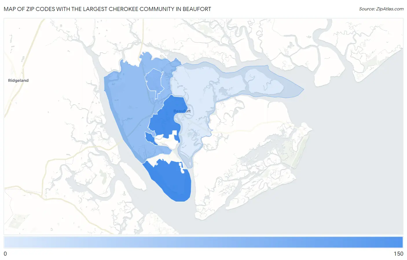 Zip Codes with the Largest Cherokee Community in Beaufort Map
