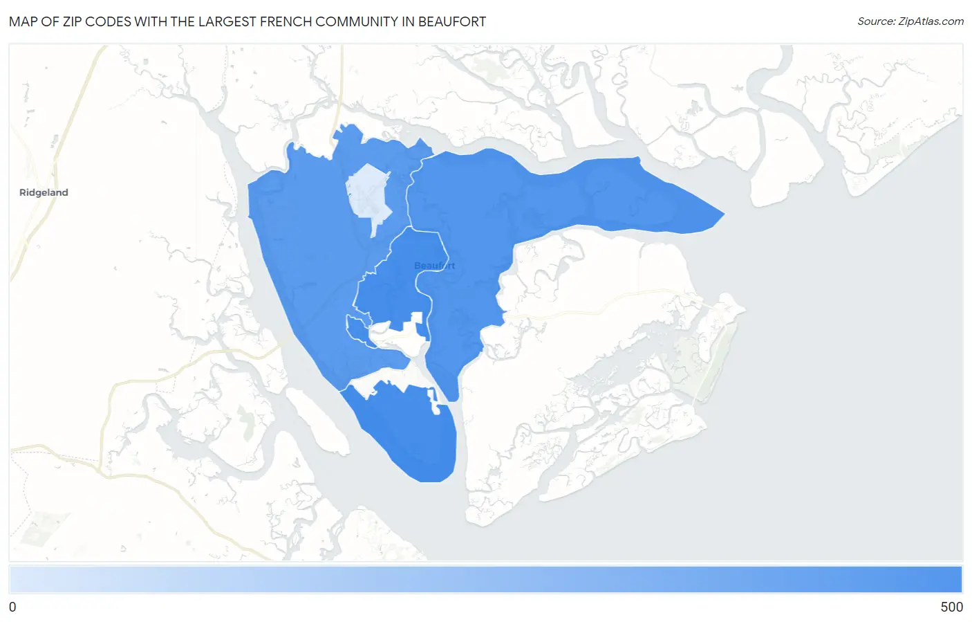 Zip Codes with the Largest French Community in Beaufort Map