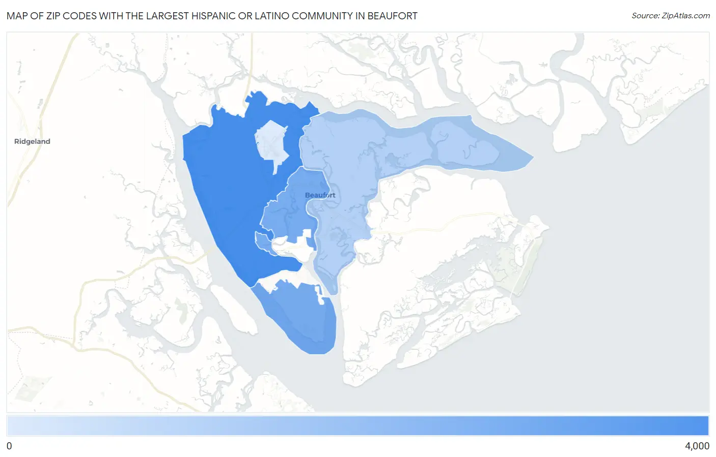 Zip Codes with the Largest Hispanic or Latino Community in Beaufort Map