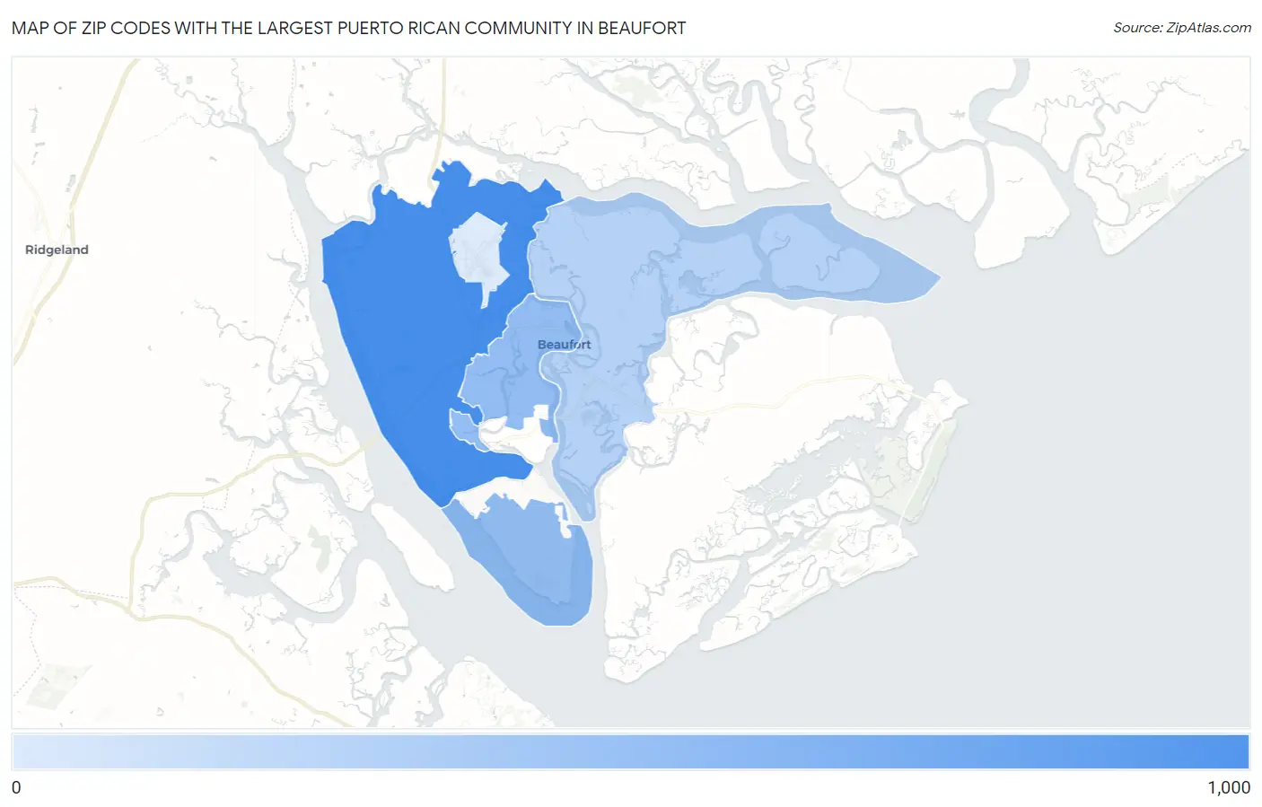 Zip Codes with the Largest Puerto Rican Community in Beaufort Map