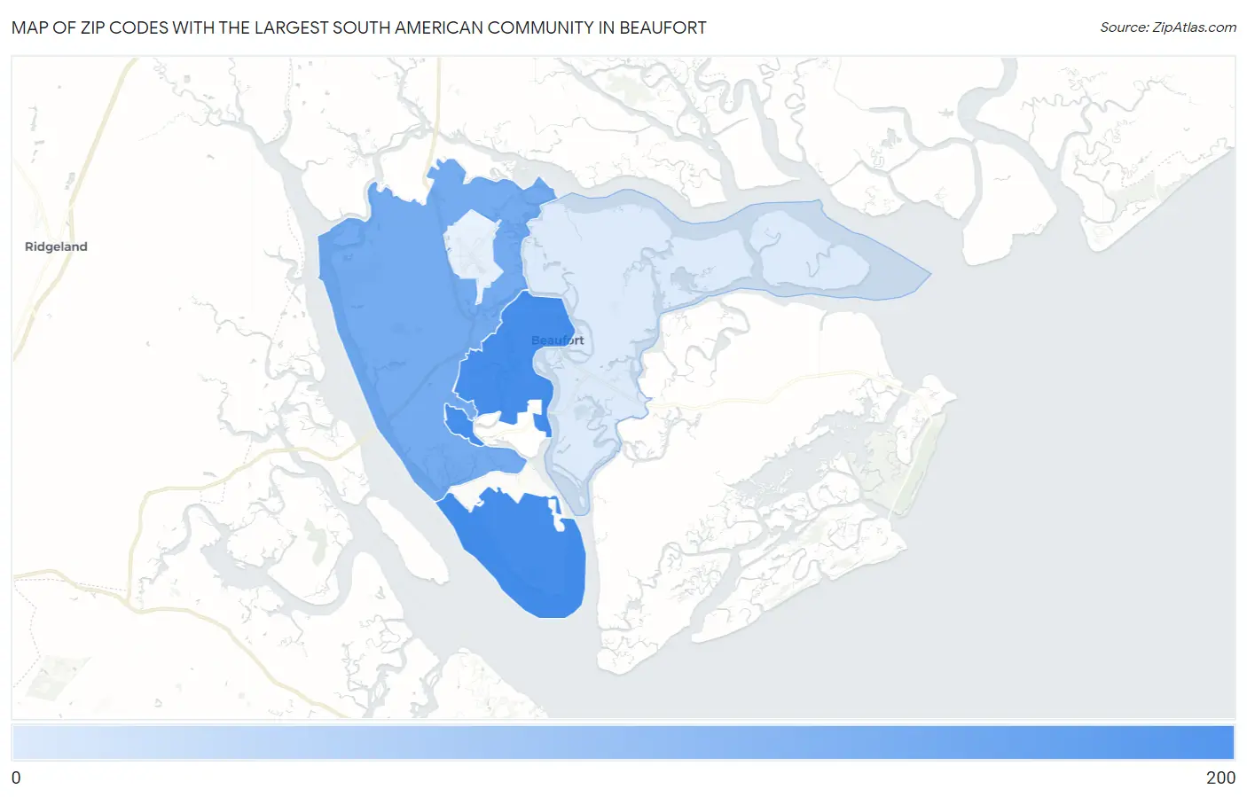 Zip Codes with the Largest South American Community in Beaufort Map