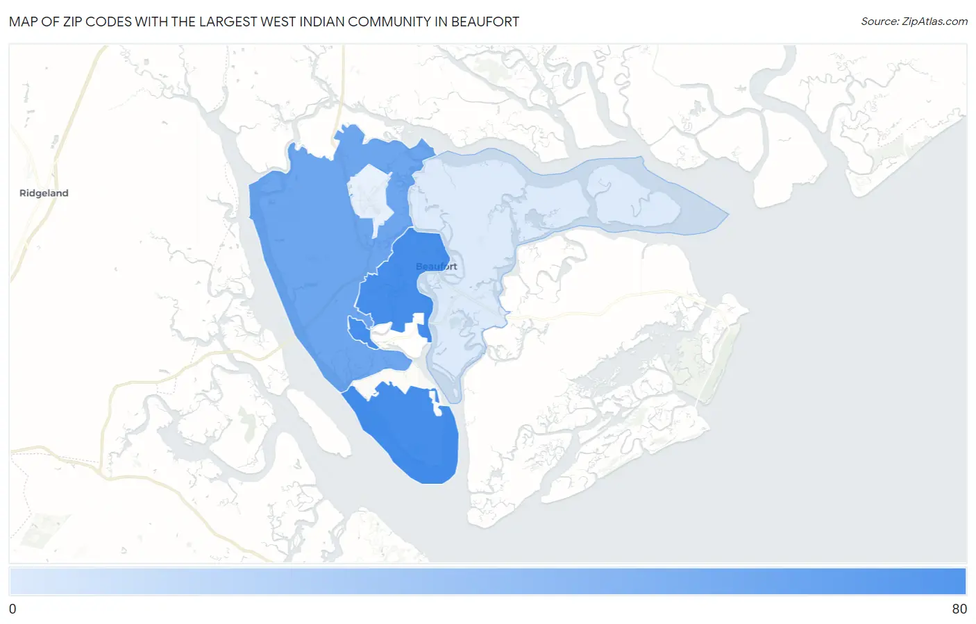 Zip Codes with the Largest West Indian Community in Beaufort Map