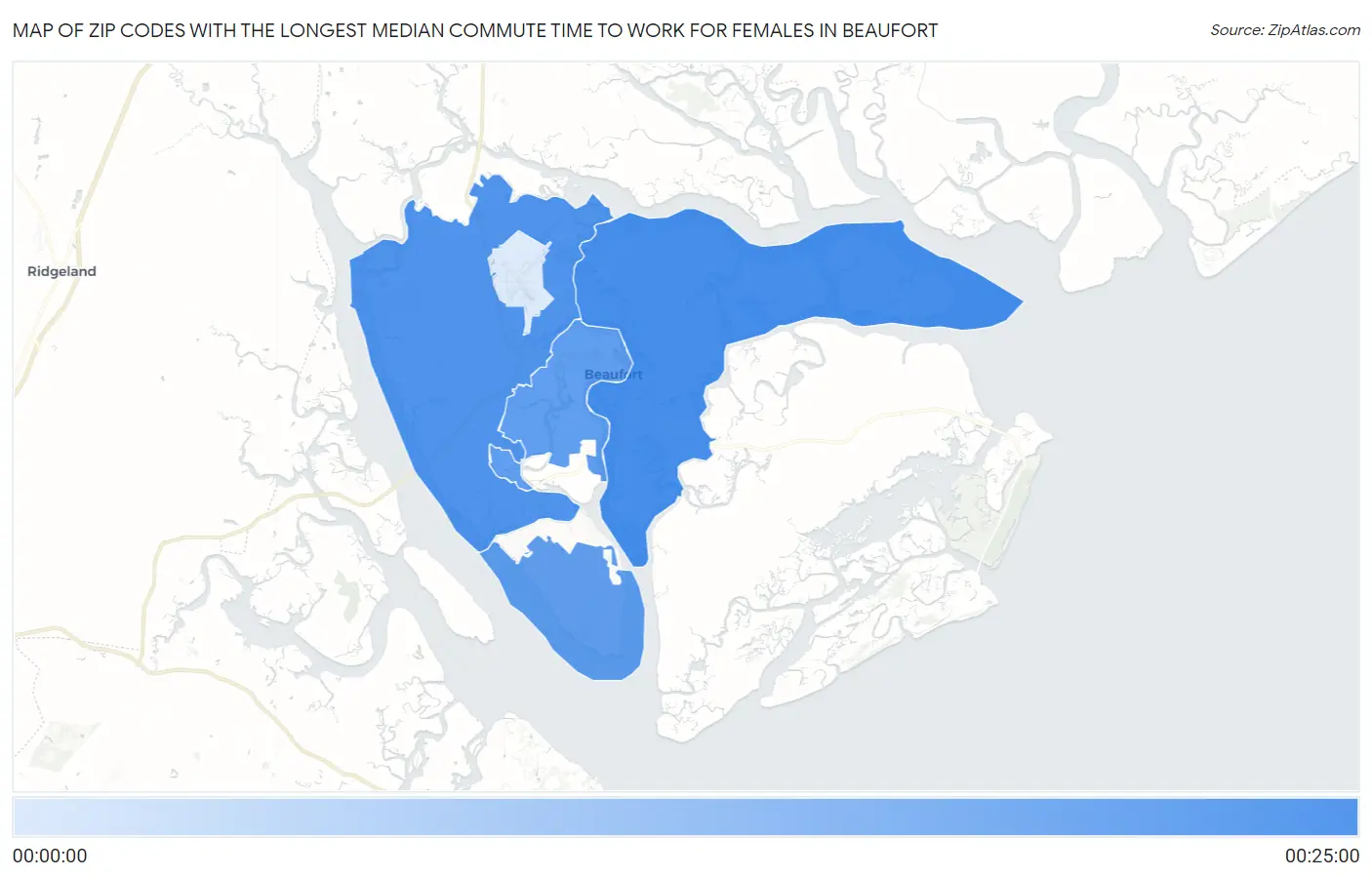 Zip Codes with the Longest Median Commute Time to Work for Females in Beaufort Map
