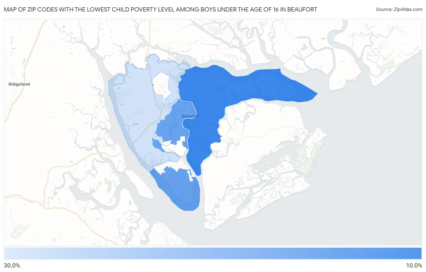 Zip Codes with the Lowest Child Poverty Level Among Boys Under the Age of 16 in Beaufort Map