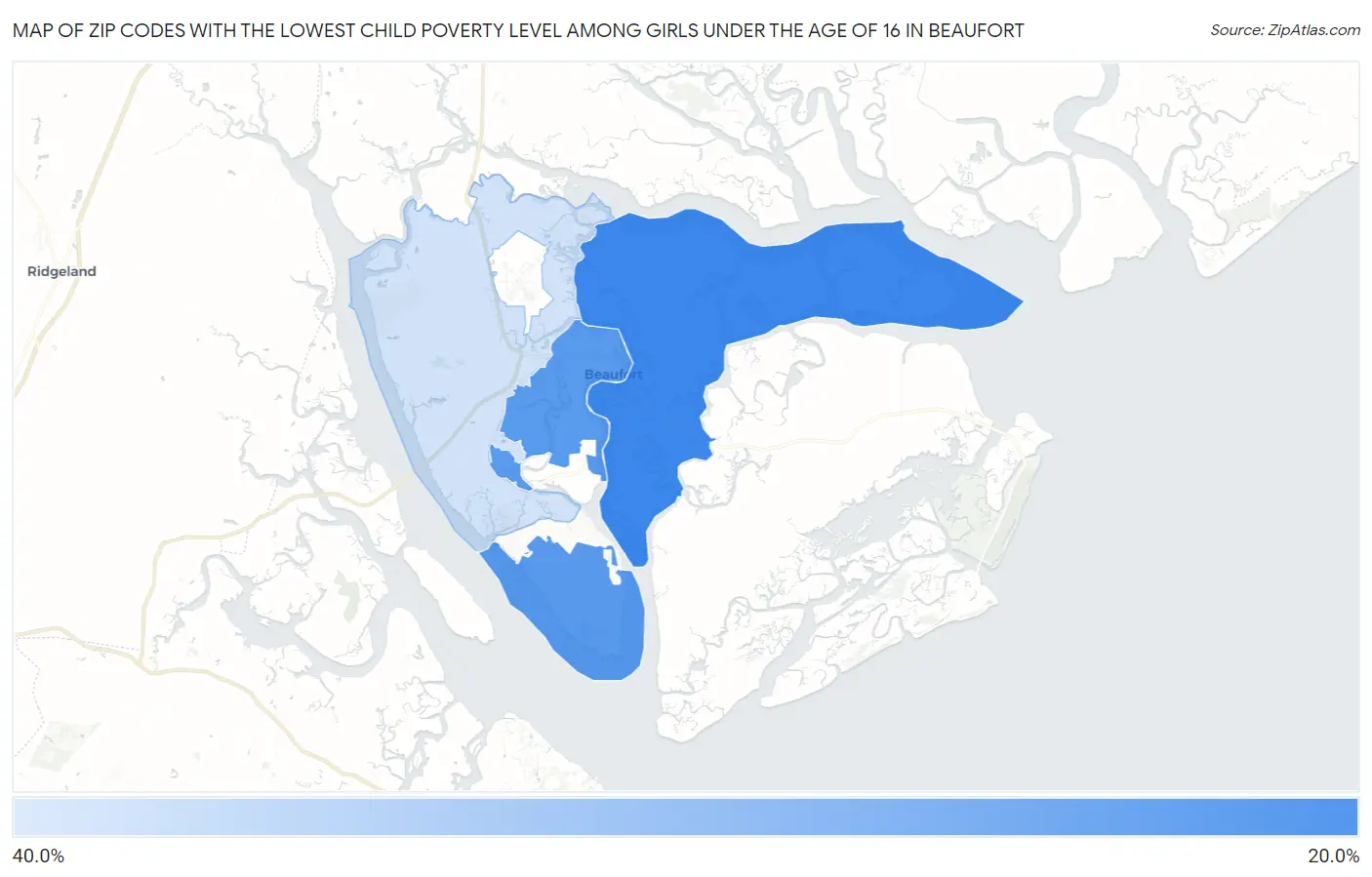 Zip Codes with the Lowest Child Poverty Level Among Girls Under the Age of 16 in Beaufort Map