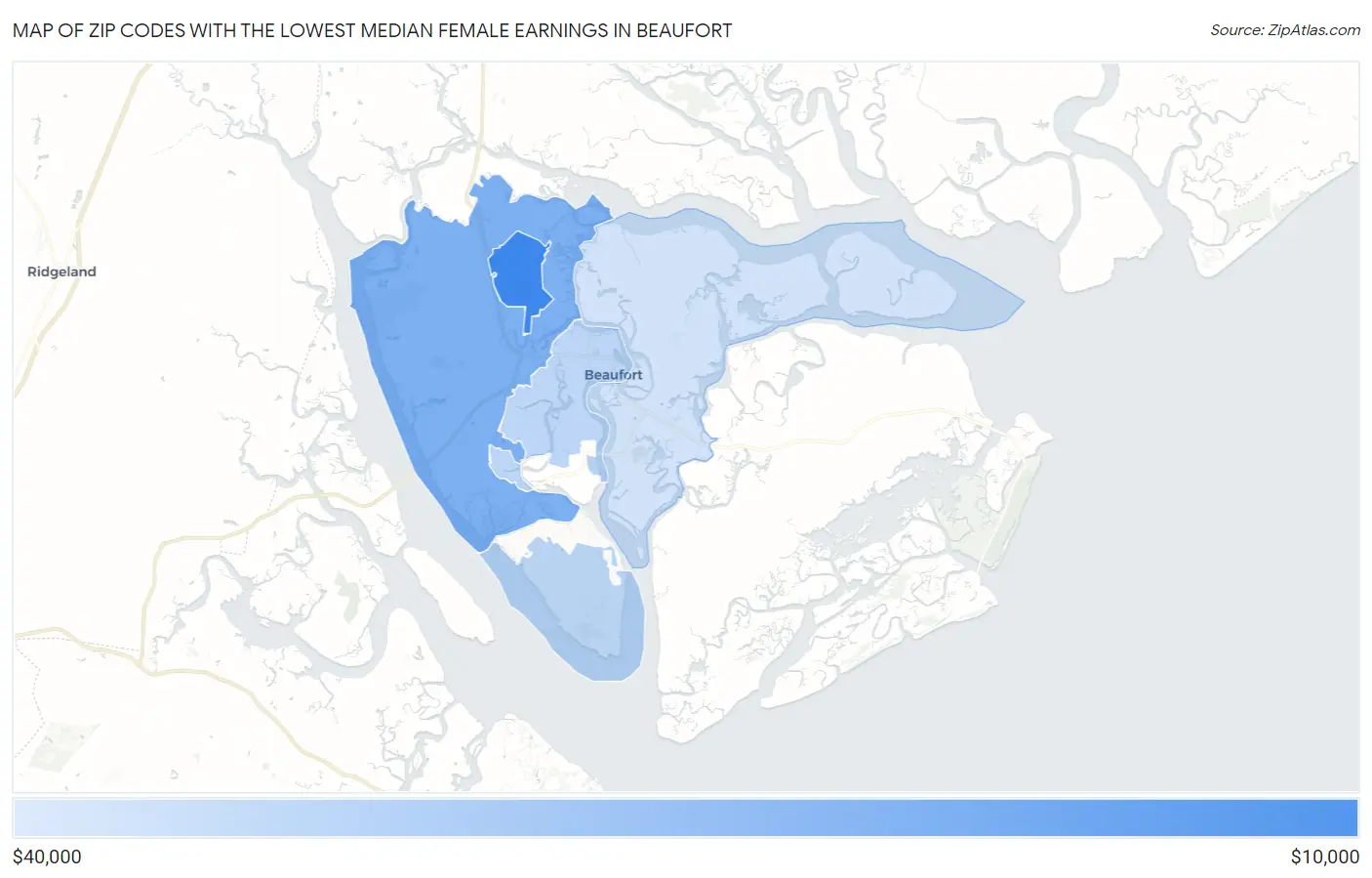 Zip Codes with the Lowest Median Female Earnings in Beaufort Map
