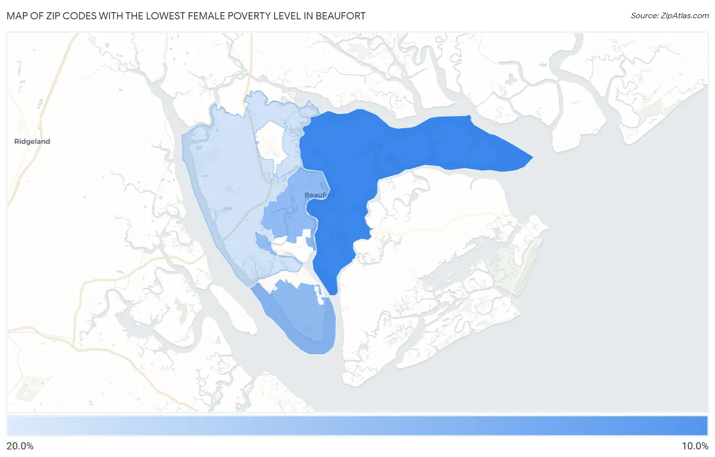Zip Codes with the Lowest Female Poverty Level in Beaufort Map