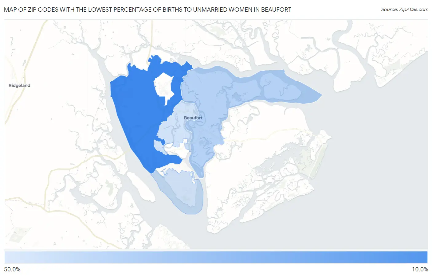 Zip Codes with the Lowest Percentage of Births to Unmarried Women in Beaufort Map