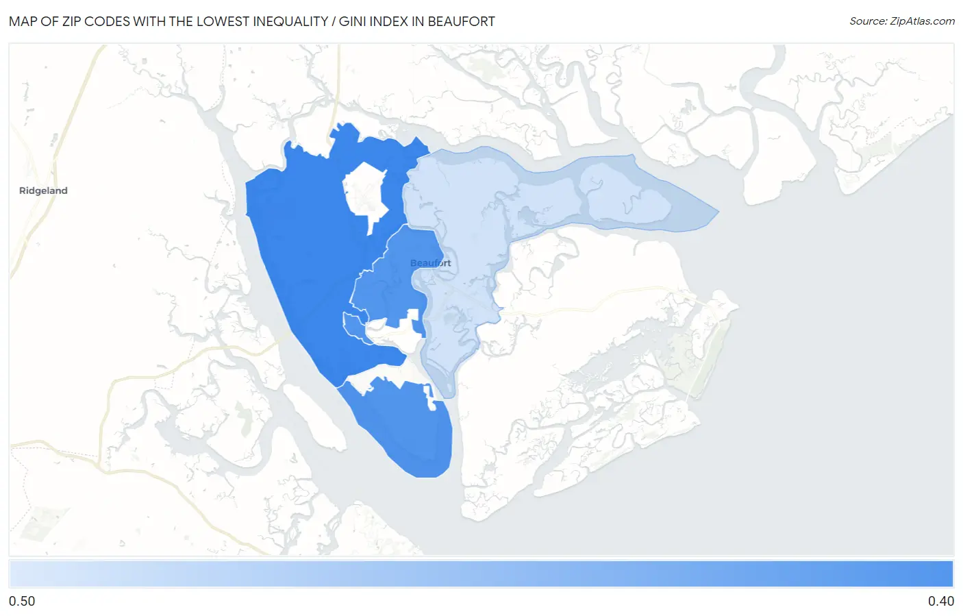 Zip Codes with the Lowest Inequality / Gini Index in Beaufort Map
