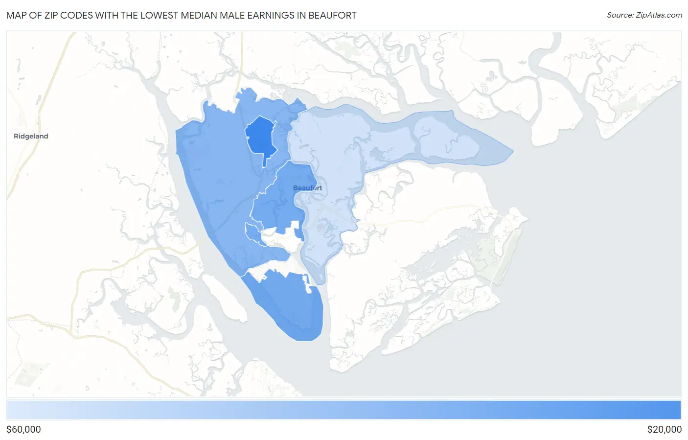 Zip Codes with the Lowest Median Male Earnings in Beaufort Map