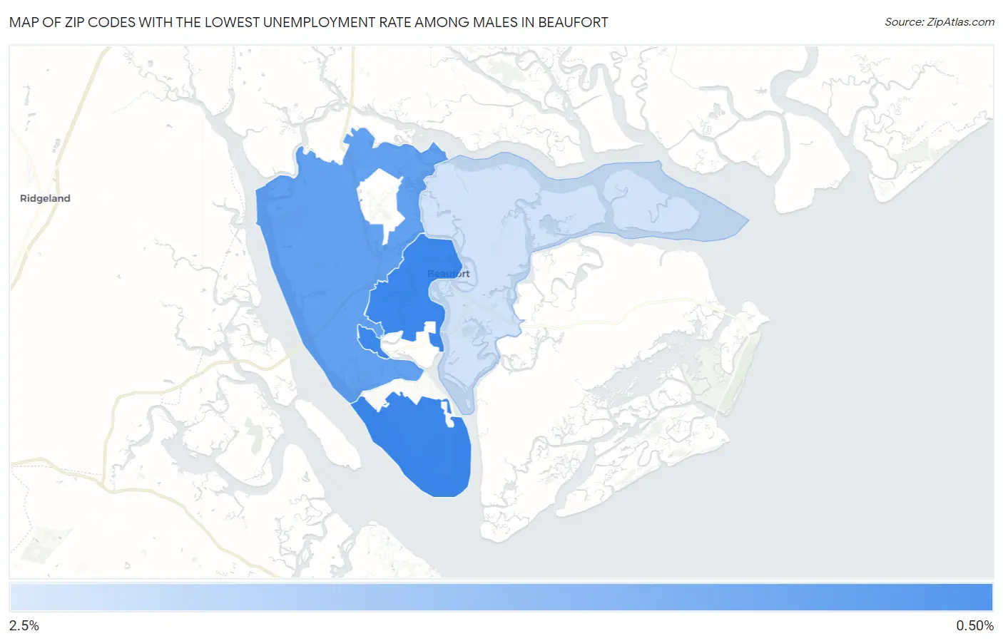 Zip Codes with the Lowest Unemployment Rate Among Males in Beaufort Map