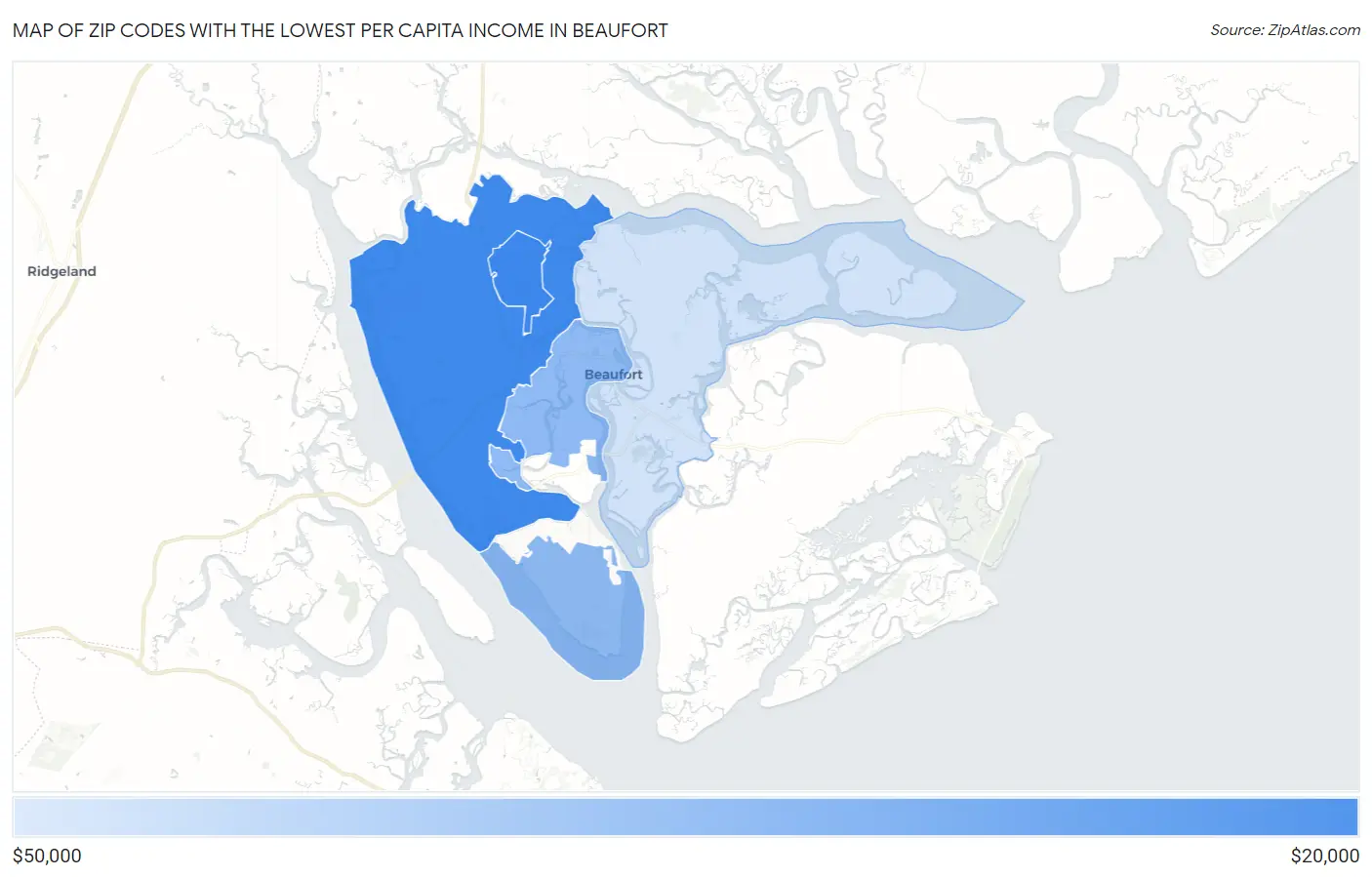 Zip Codes with the Lowest Per Capita Income in Beaufort Map