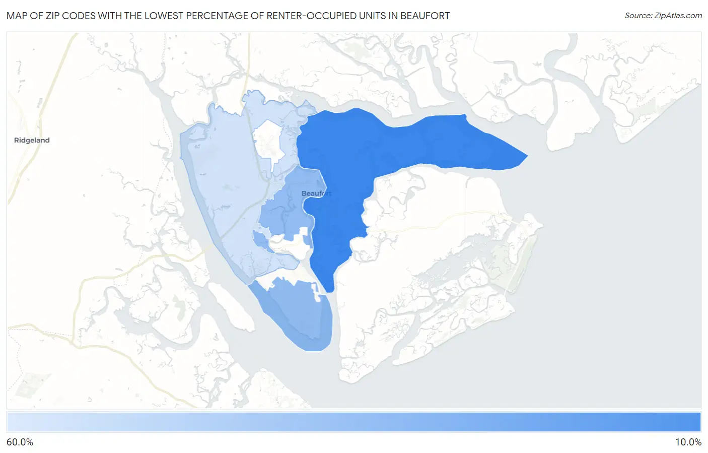 Zip Codes with the Lowest Percentage of Renter-Occupied Units in Beaufort Map
