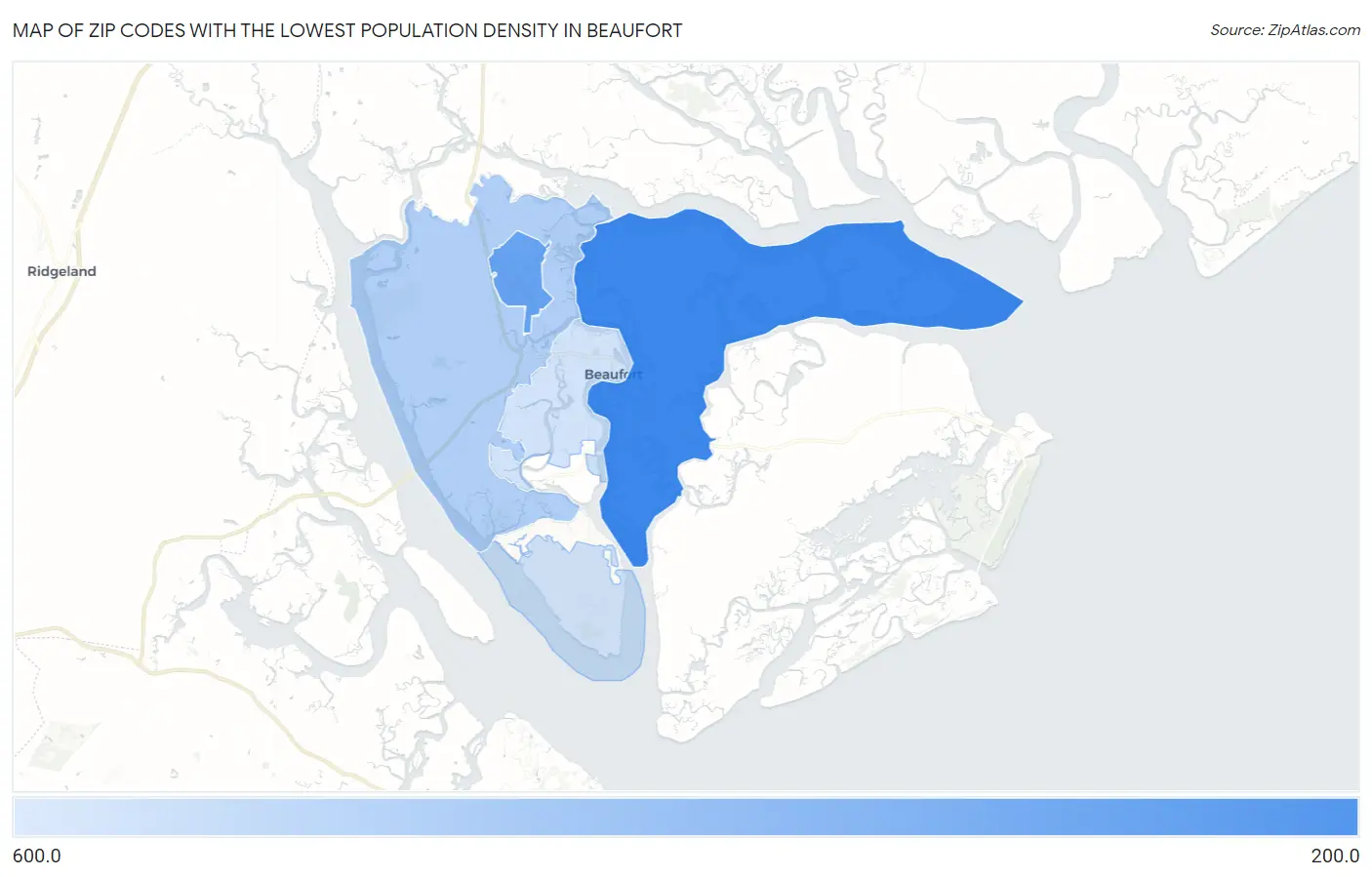 Zip Codes with the Lowest Population Density in Beaufort Map