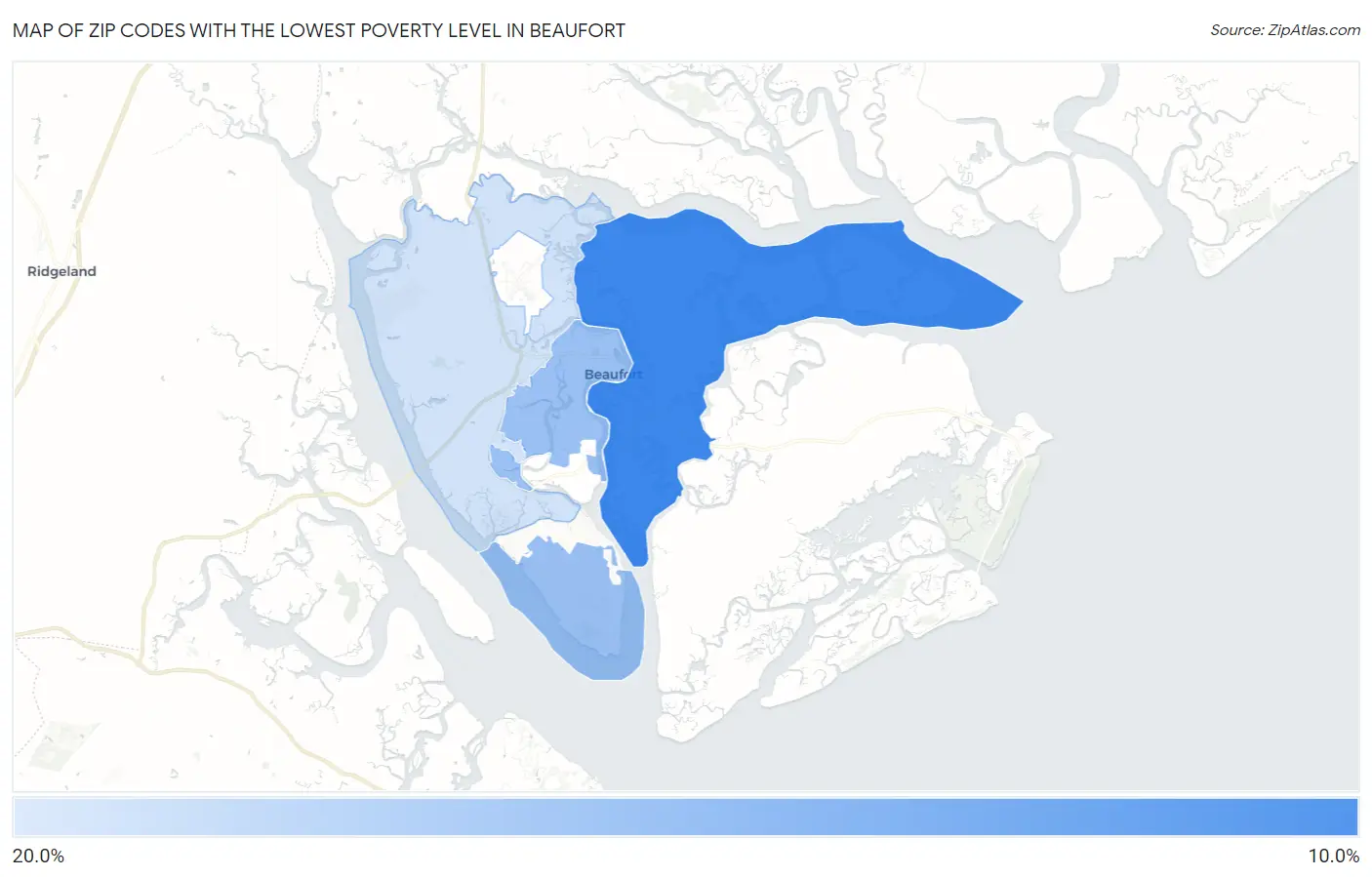 Zip Codes with the Lowest Poverty Level in Beaufort Map