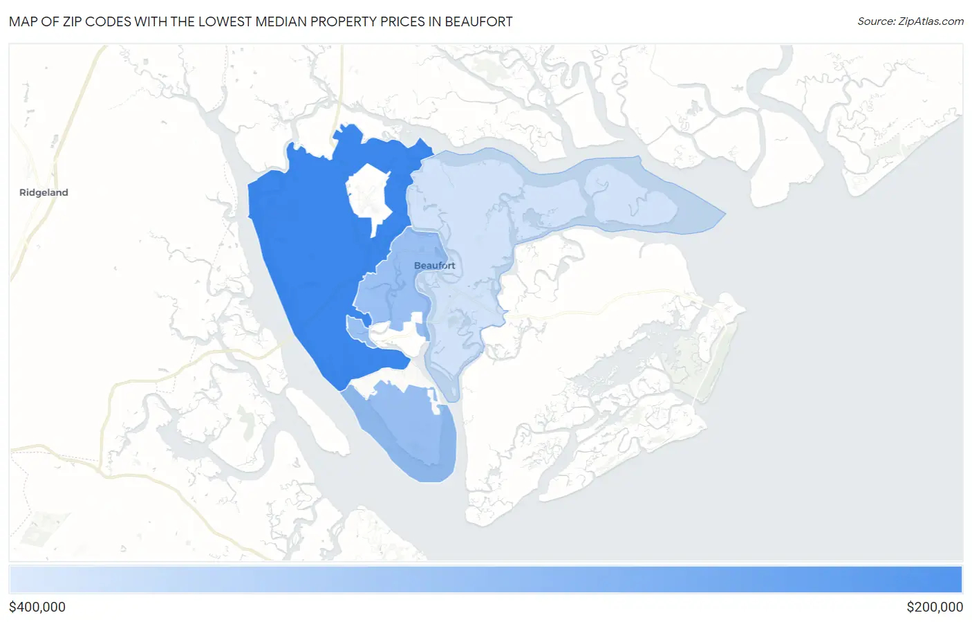 Zip Codes with the Lowest Median Property Prices in Beaufort Map