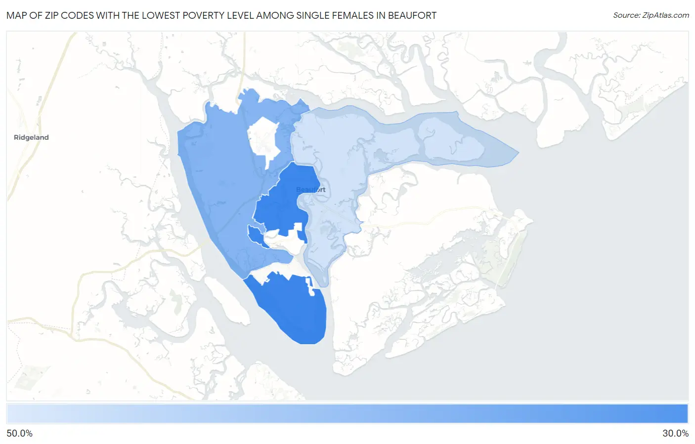 Zip Codes with the Lowest Poverty Level Among Single Females in Beaufort Map