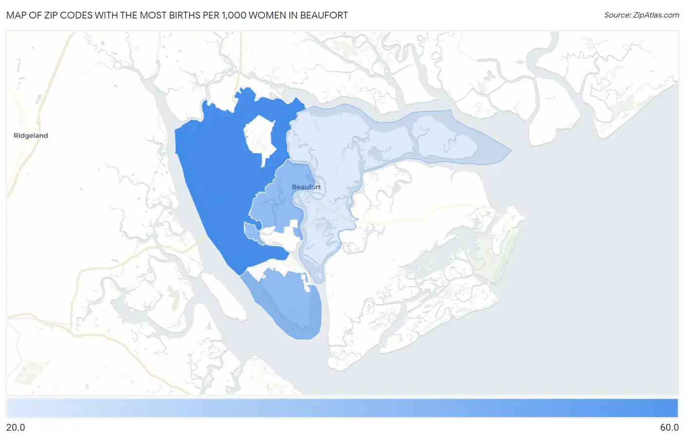Zip Codes with the Most Births per 1,000 Women in Beaufort Map