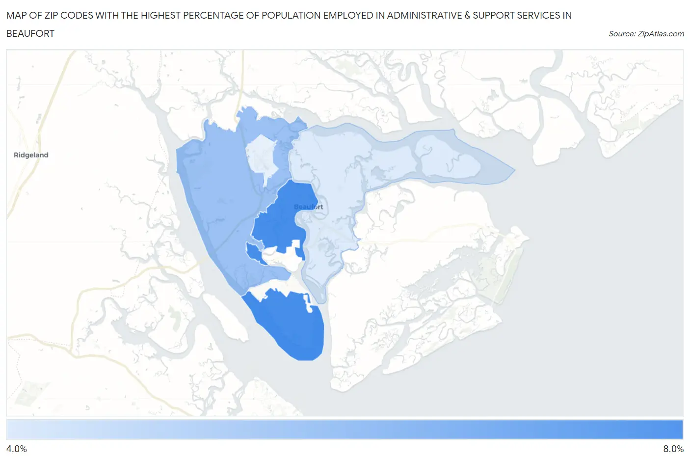 Zip Codes with the Highest Percentage of Population Employed in Administrative & Support Services in Beaufort Map