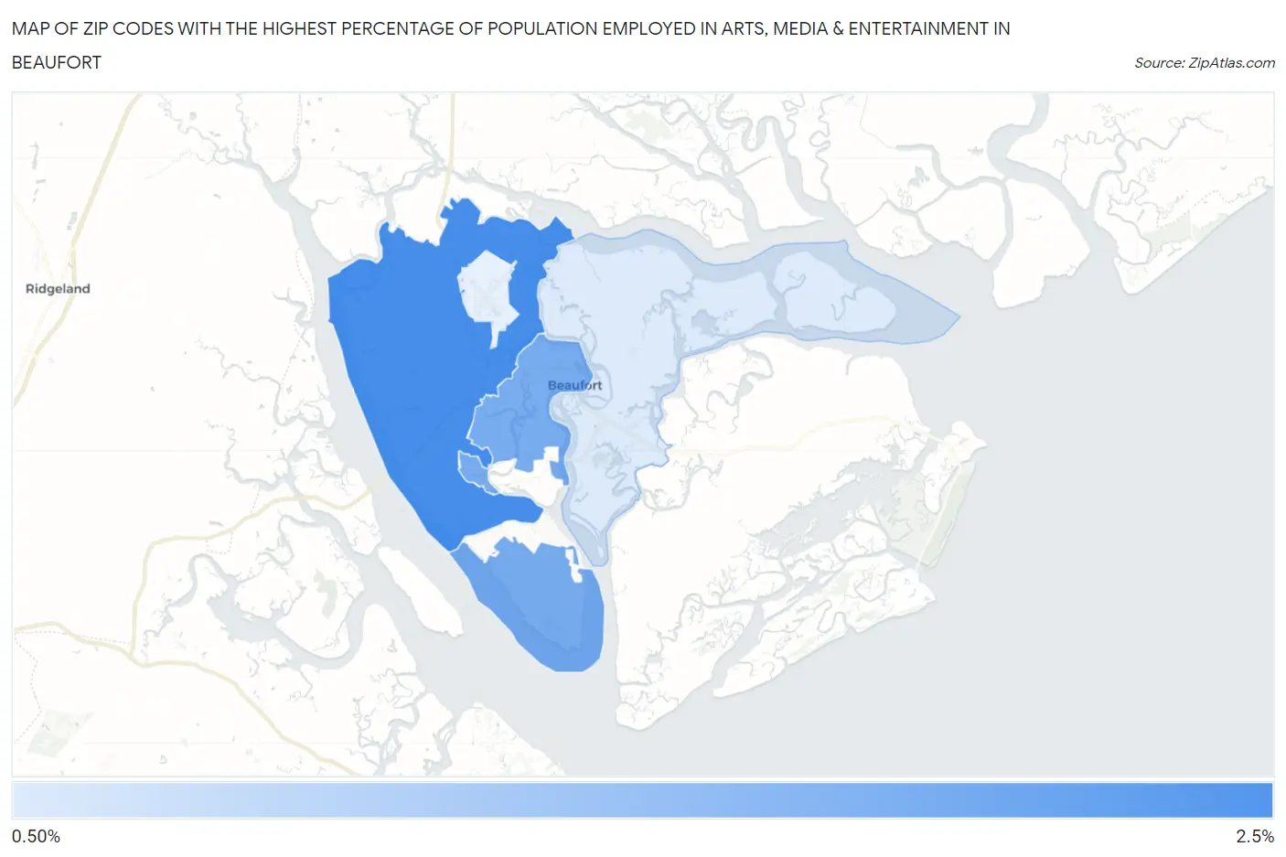 Zip Codes with the Highest Percentage of Population Employed in Arts, Media & Entertainment in Beaufort Map