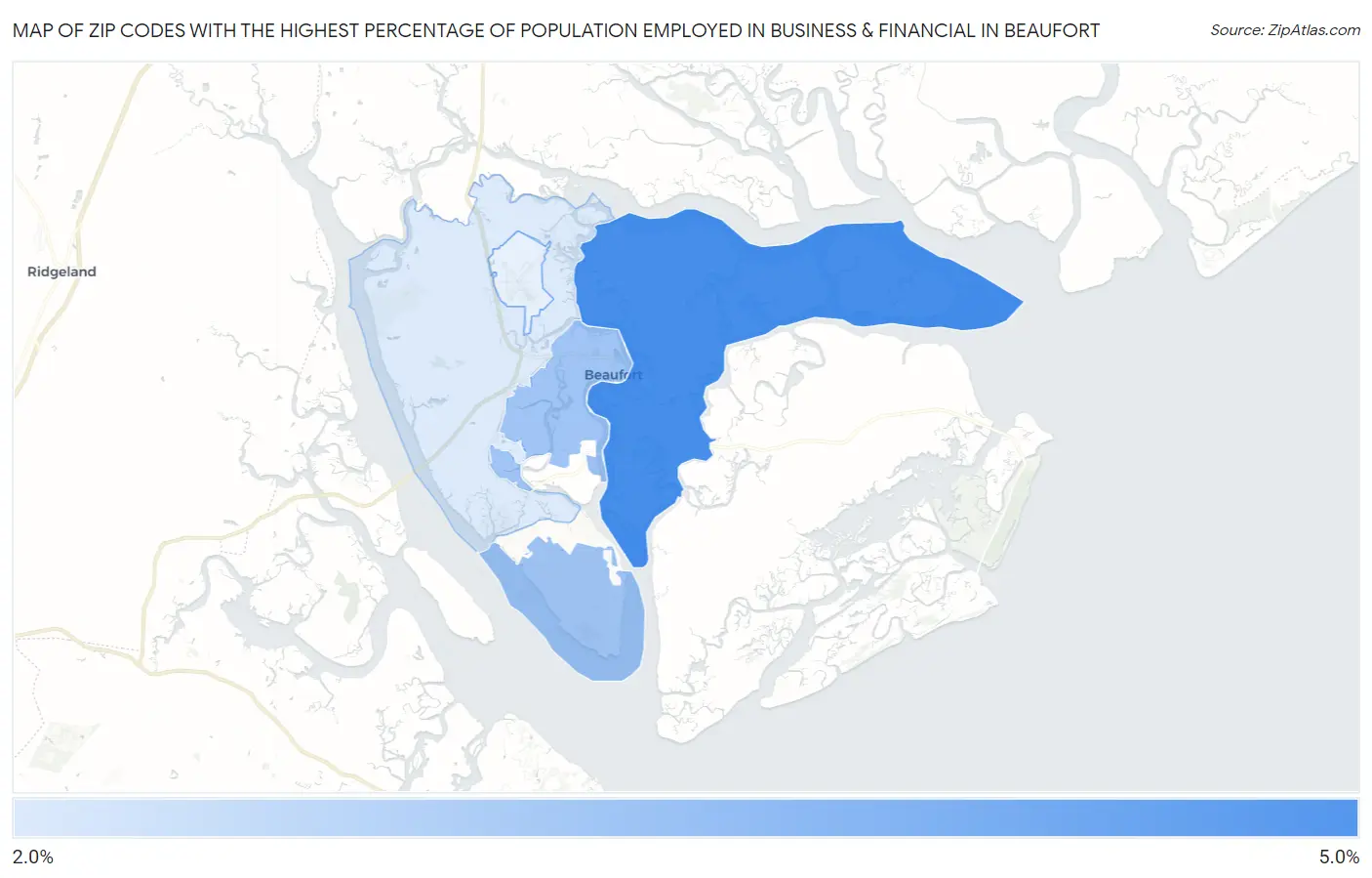 Zip Codes with the Highest Percentage of Population Employed in Business & Financial in Beaufort Map