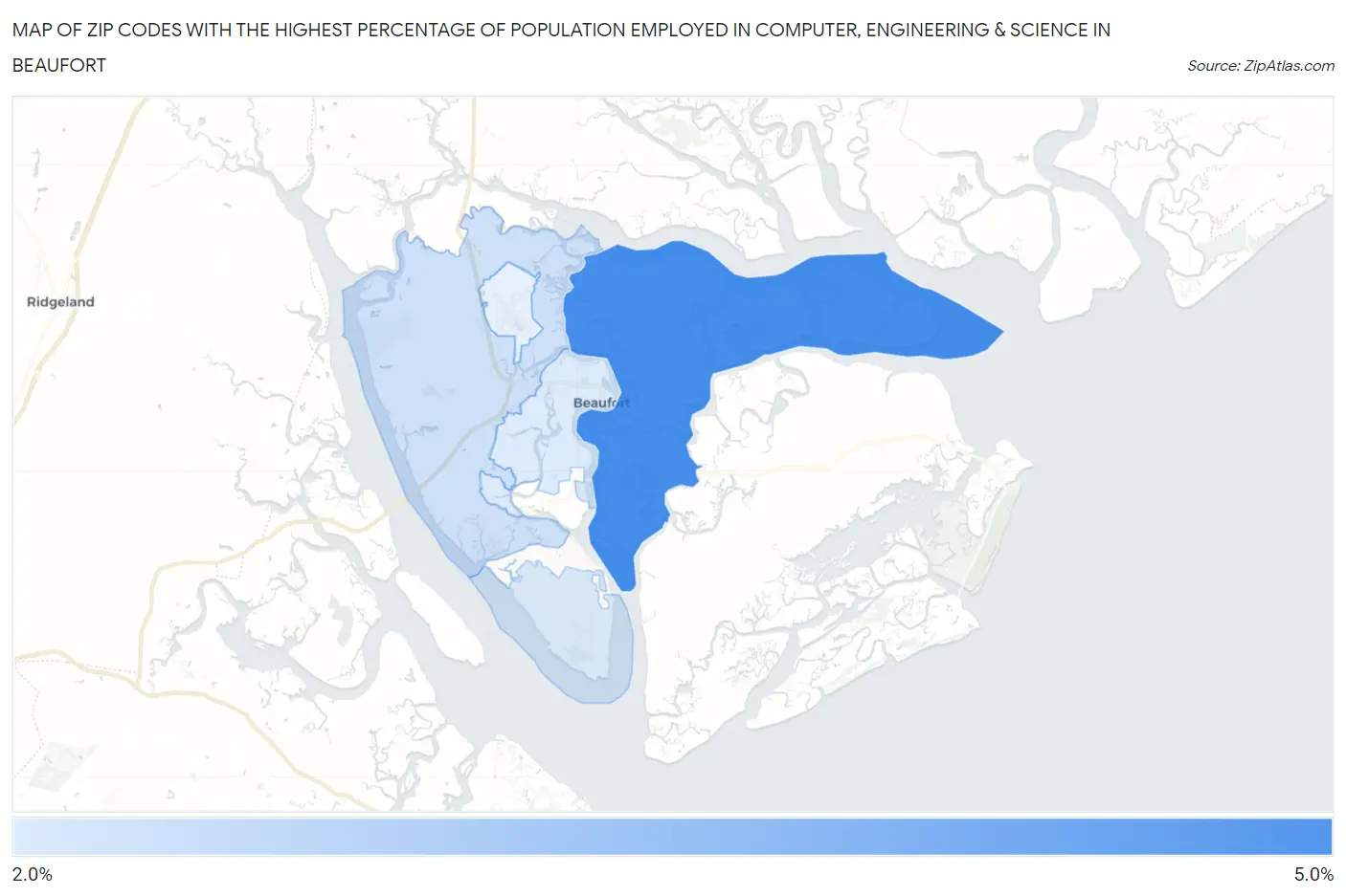 Zip Codes with the Highest Percentage of Population Employed in Computer, Engineering & Science in Beaufort Map