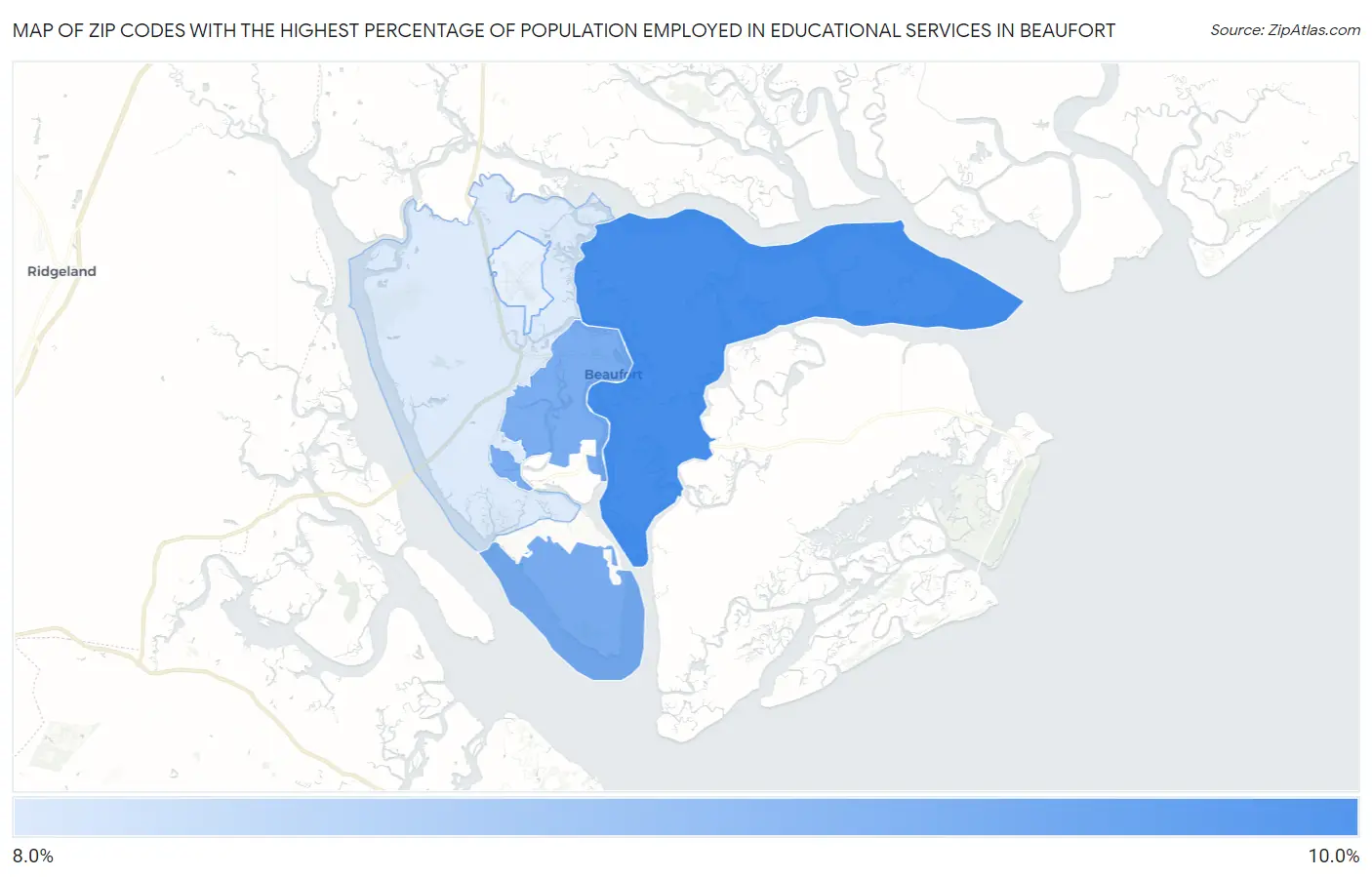 Zip Codes with the Highest Percentage of Population Employed in Educational Services in Beaufort Map