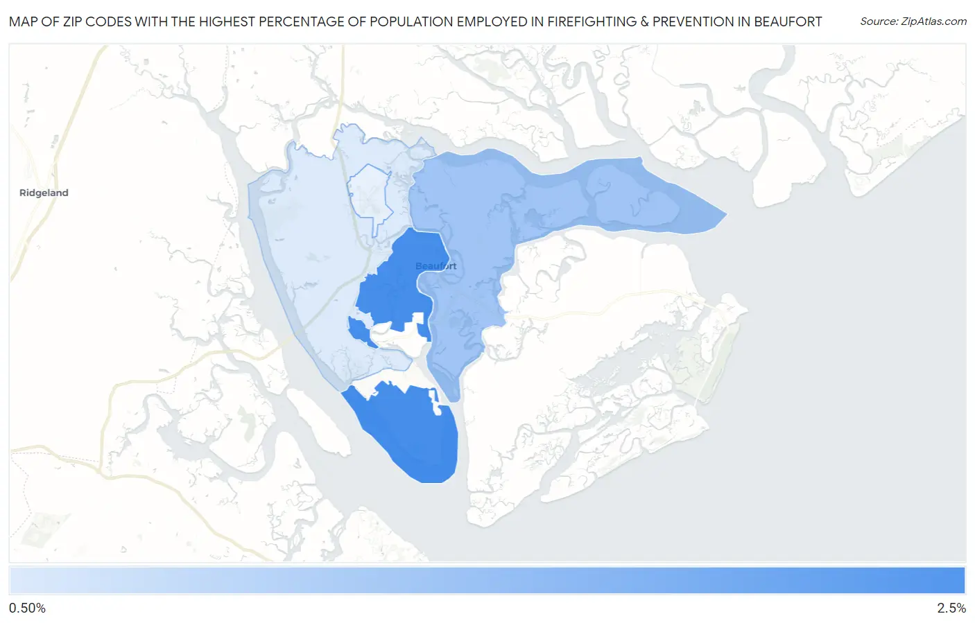Zip Codes with the Highest Percentage of Population Employed in Firefighting & Prevention in Beaufort Map