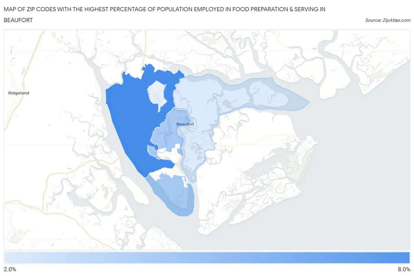 Zip Codes with the Highest Percentage of Population Employed in Food Preparation & Serving in Beaufort Map