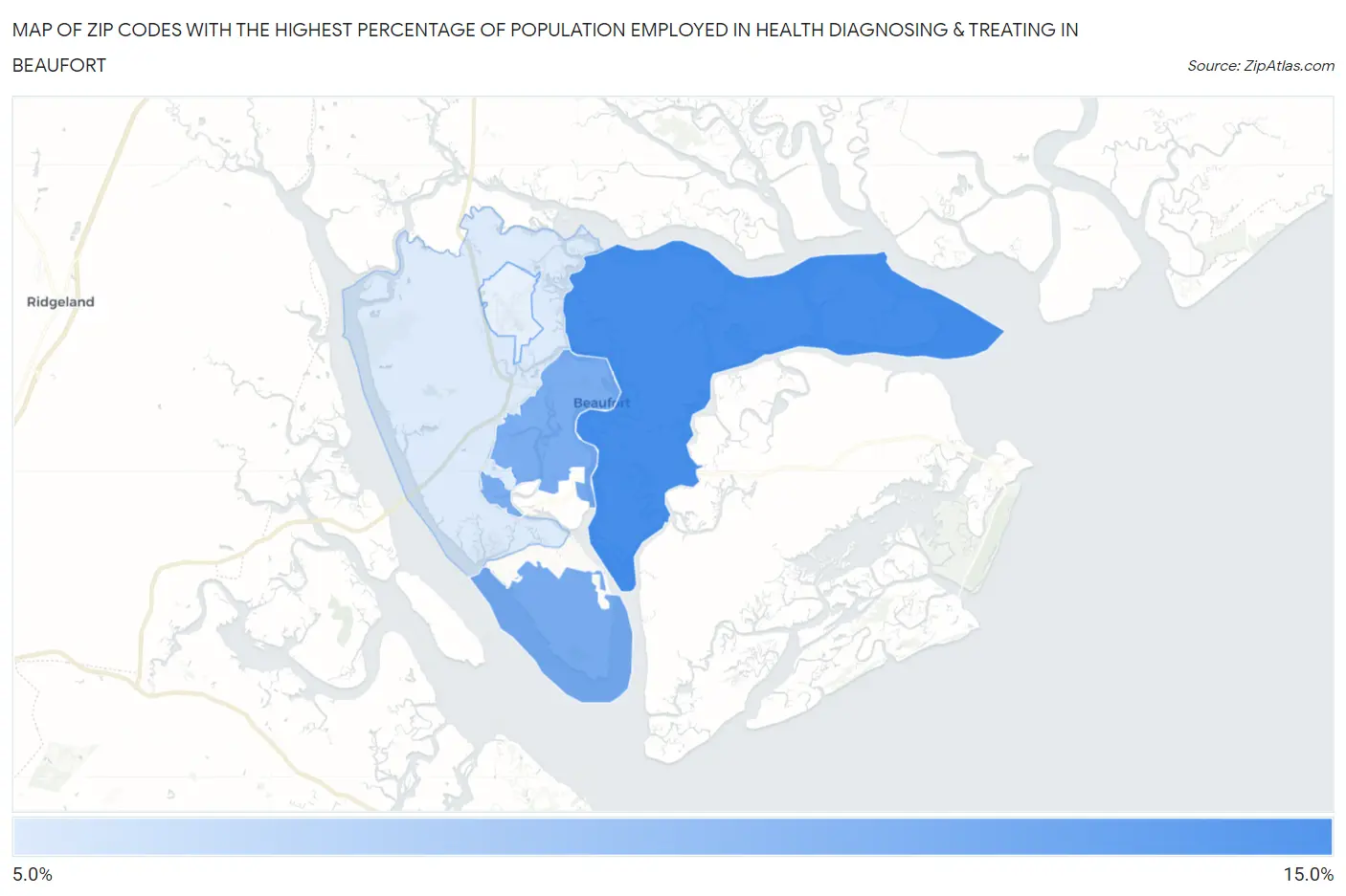 Zip Codes with the Highest Percentage of Population Employed in Health Diagnosing & Treating in Beaufort Map