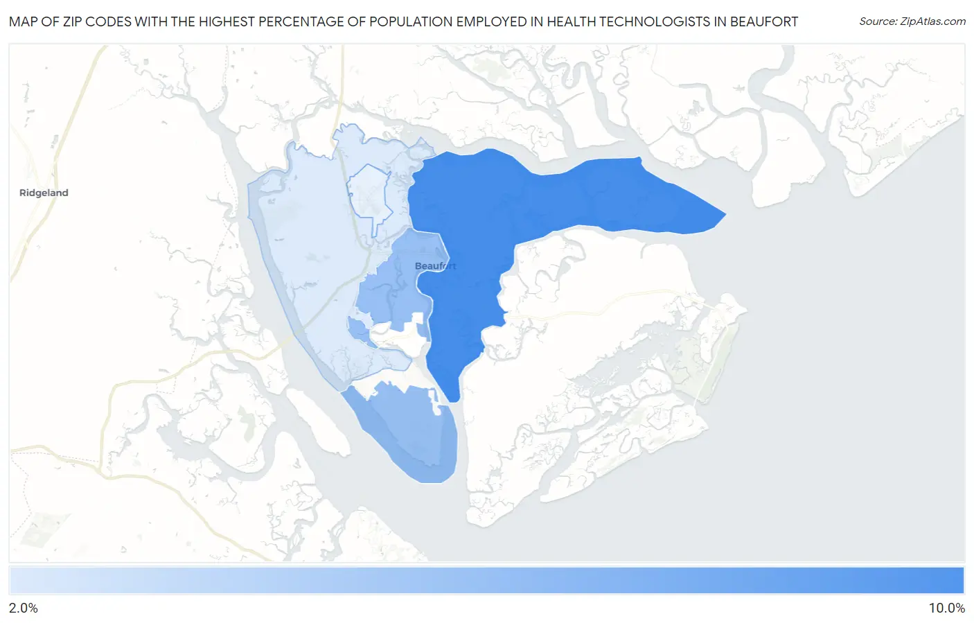 Zip Codes with the Highest Percentage of Population Employed in Health Technologists in Beaufort Map