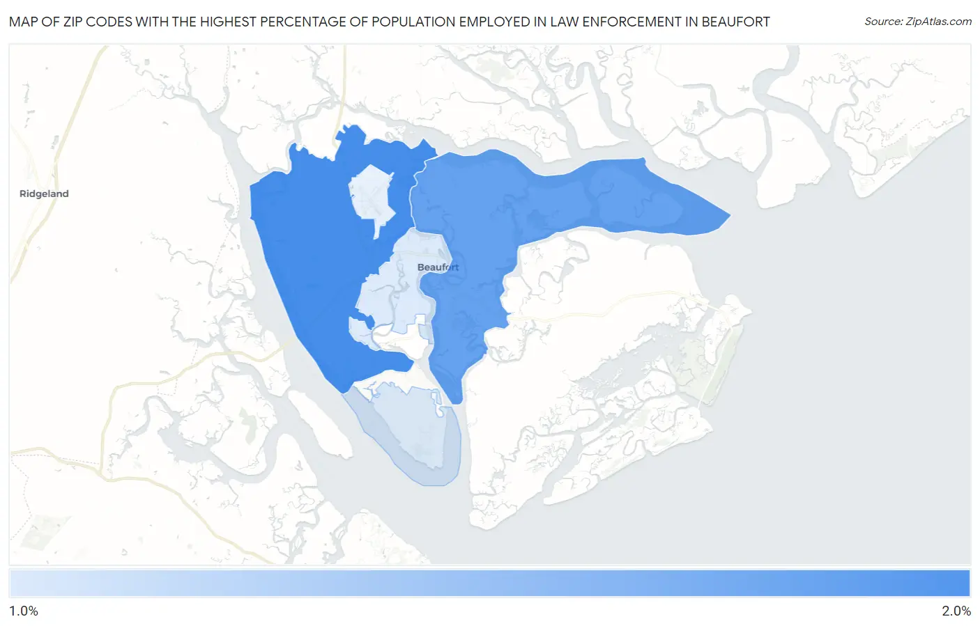 Zip Codes with the Highest Percentage of Population Employed in Law Enforcement in Beaufort Map