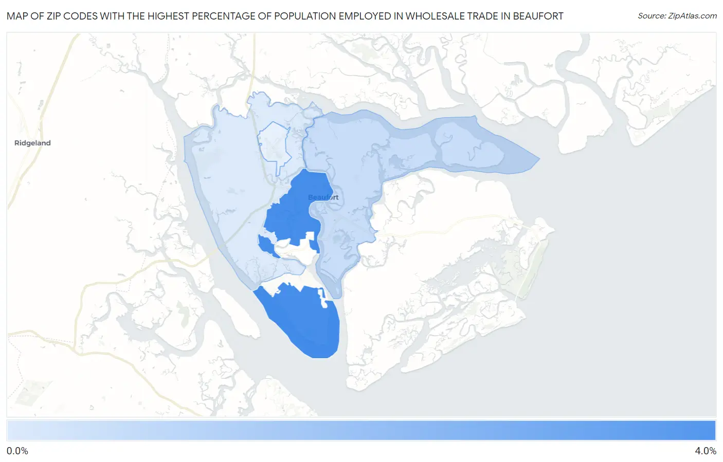 Zip Codes with the Highest Percentage of Population Employed in Wholesale Trade in Beaufort Map