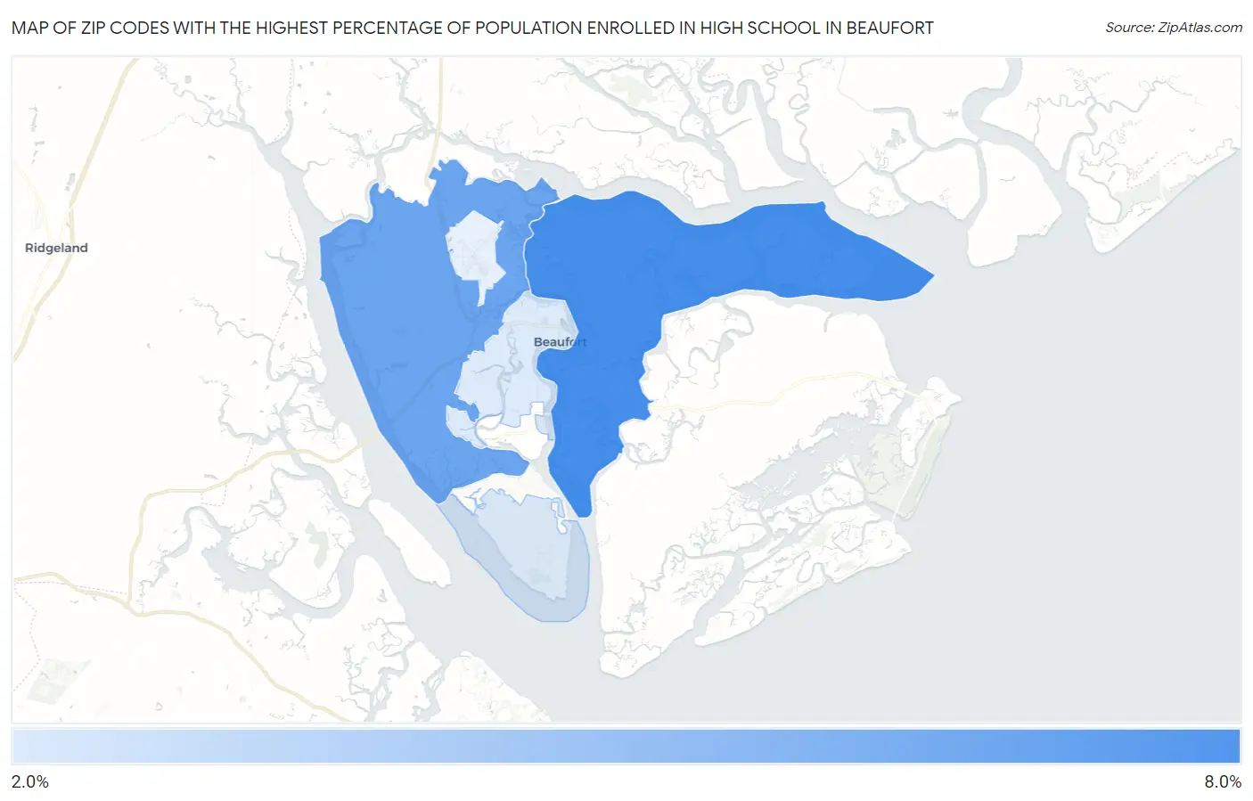 Zip Codes with the Highest Percentage of Population Enrolled in High School in Beaufort Map