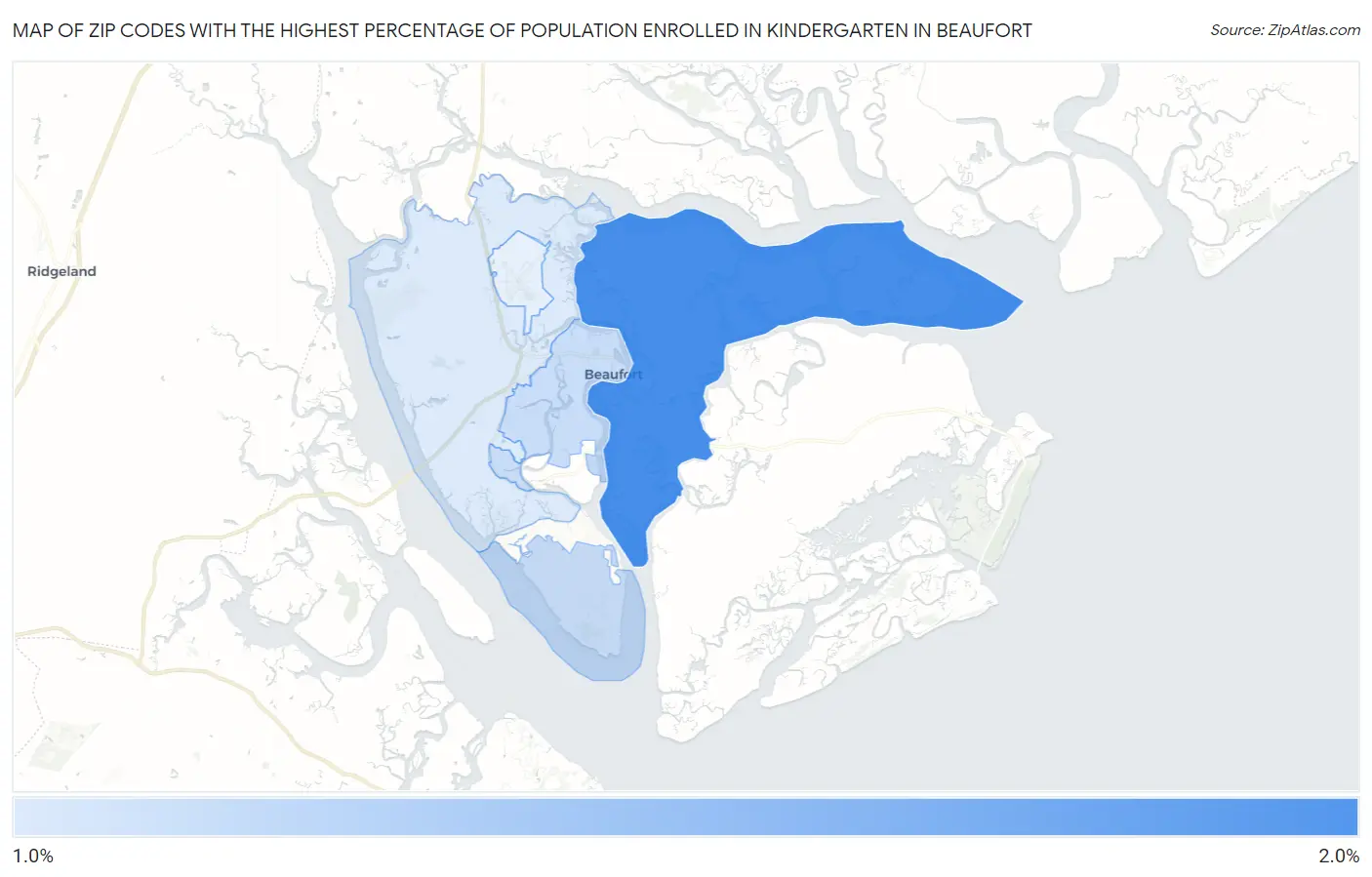 Zip Codes with the Highest Percentage of Population Enrolled in Kindergarten in Beaufort Map