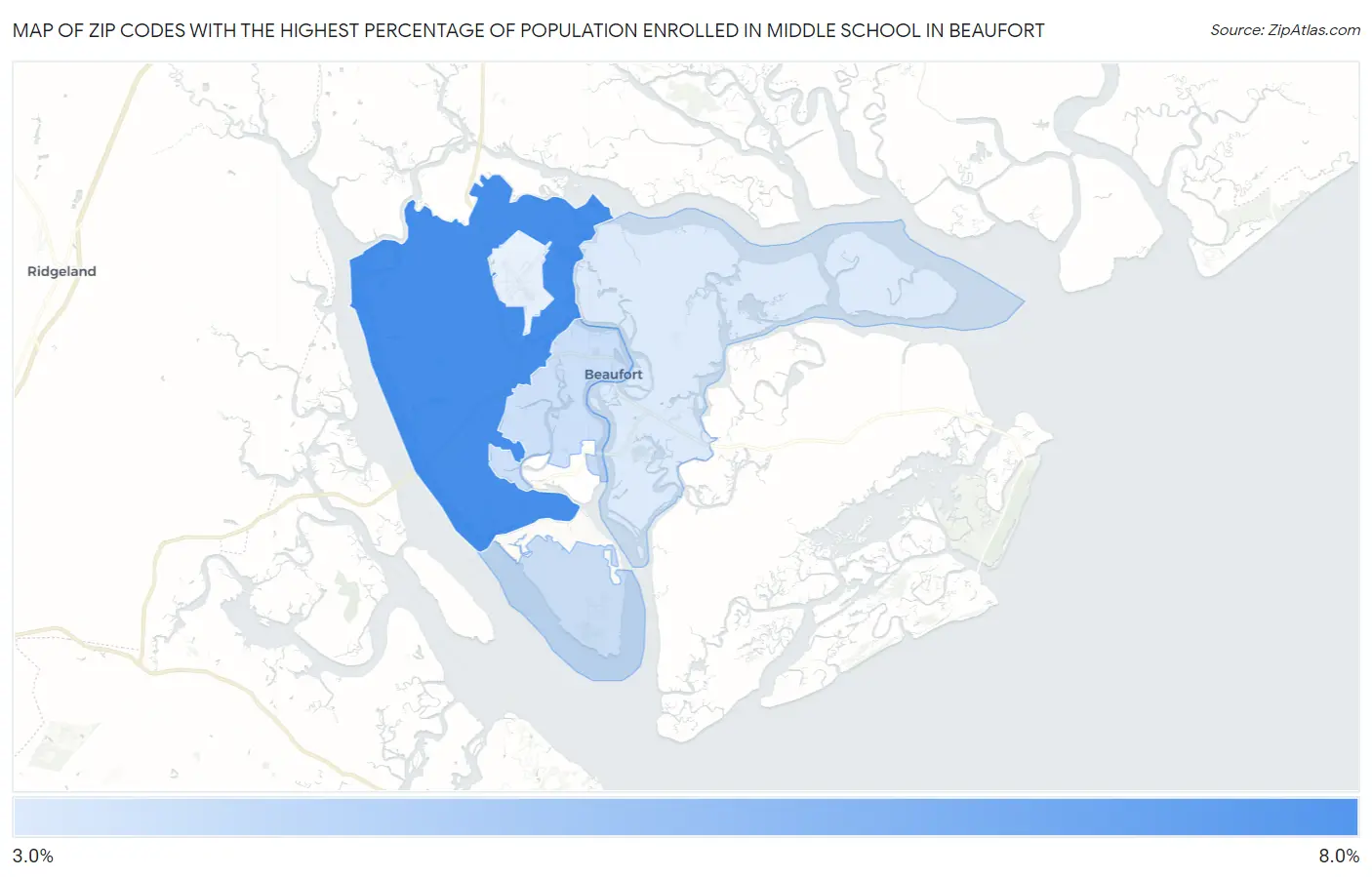 Zip Codes with the Highest Percentage of Population Enrolled in Middle School in Beaufort Map