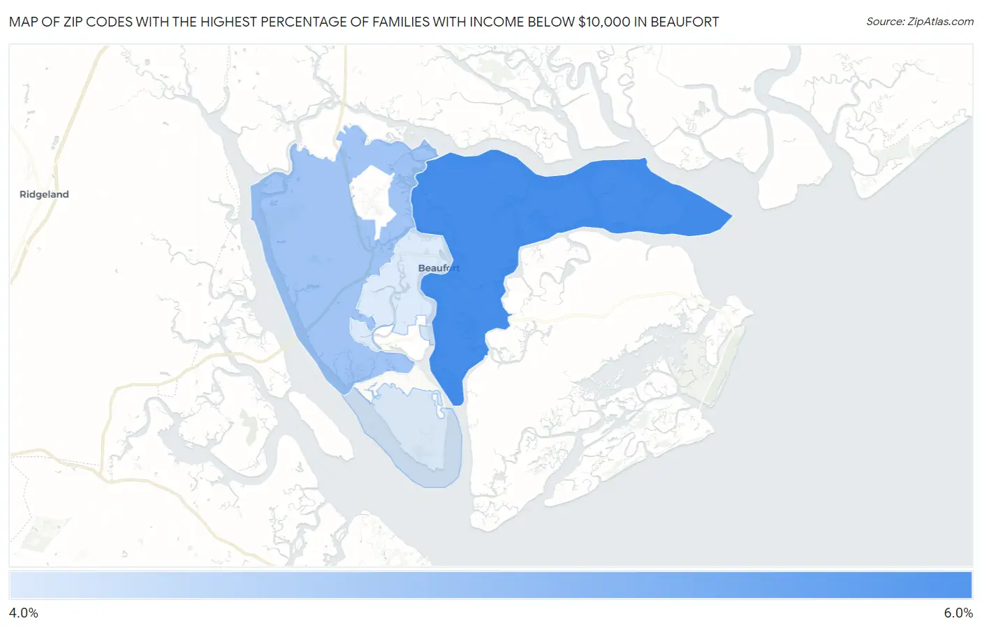 Zip Codes with the Highest Percentage of Families with Income Below $10,000 in Beaufort Map