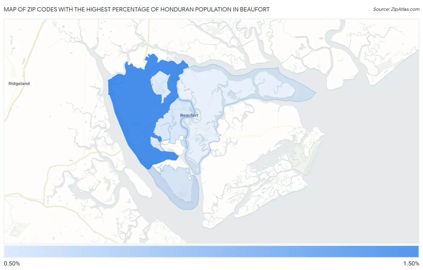 Zip Codes with the Highest Percentage of Honduran Population in Beaufort Map