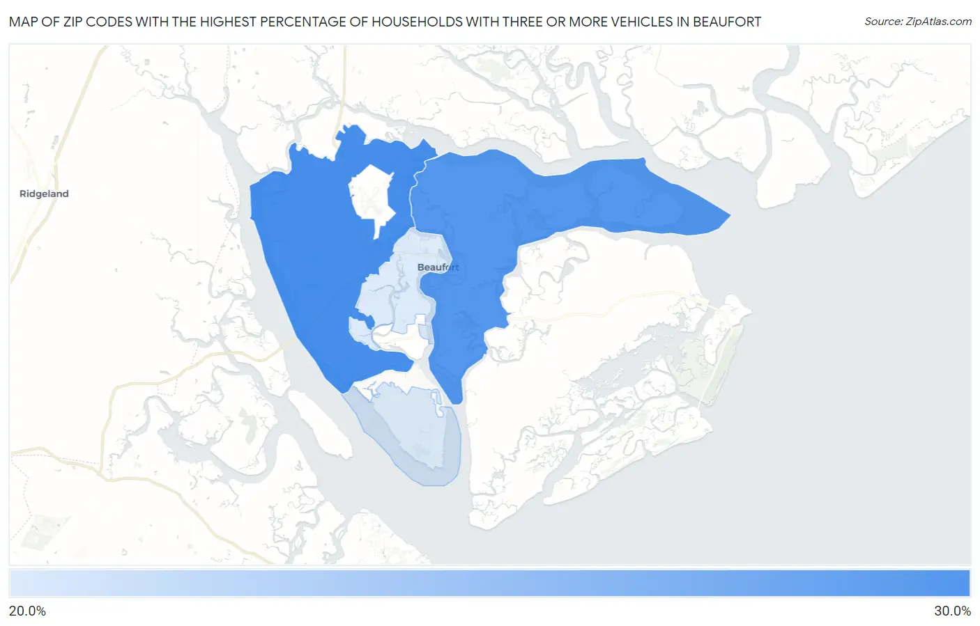 Zip Codes with the Highest Percentage of Households With Three or more Vehicles in Beaufort Map
