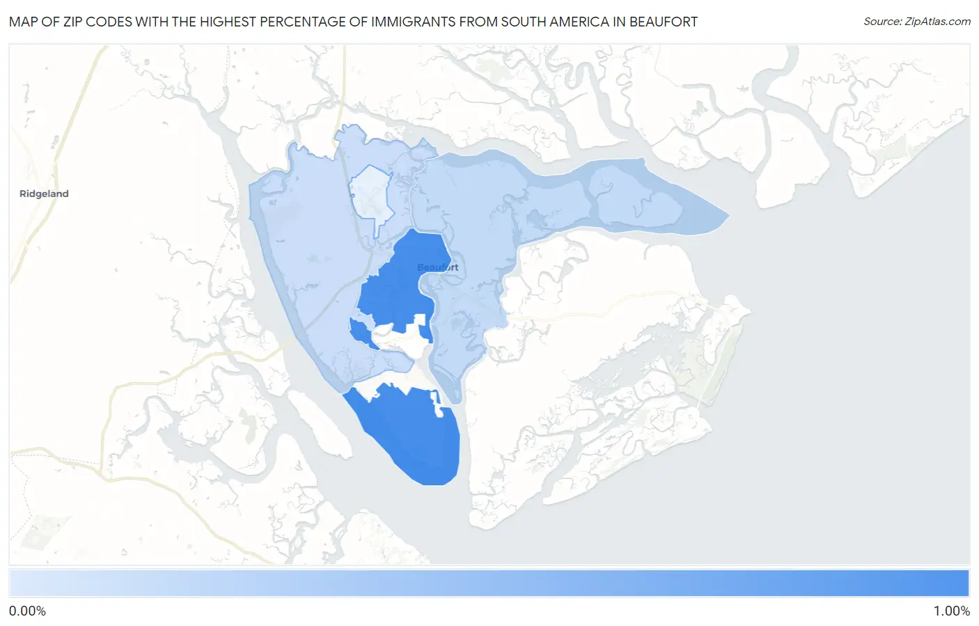 Zip Codes with the Highest Percentage of Immigrants from South America in Beaufort Map