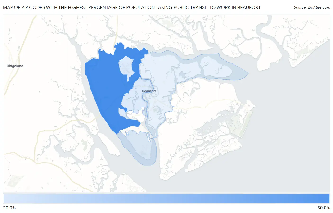 Zip Codes with the Highest Percentage of Population Taking Public Transit to Work in Beaufort Map