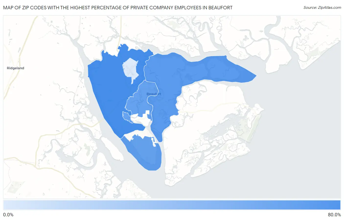 Zip Codes with the Highest Percentage of Private Company Employees in Beaufort Map