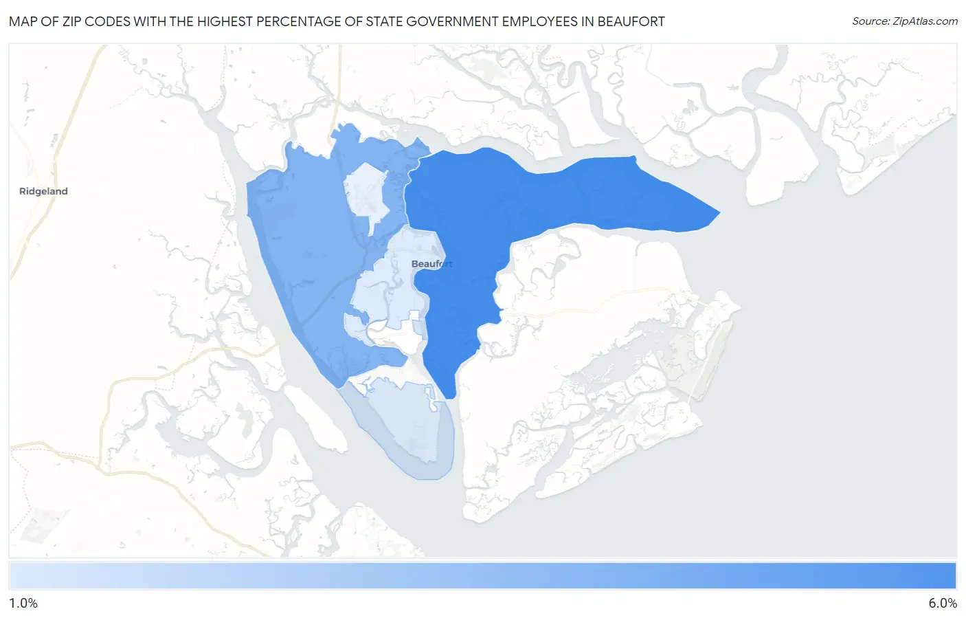 Zip Codes with the Highest Percentage of State Government Employees in Beaufort Map