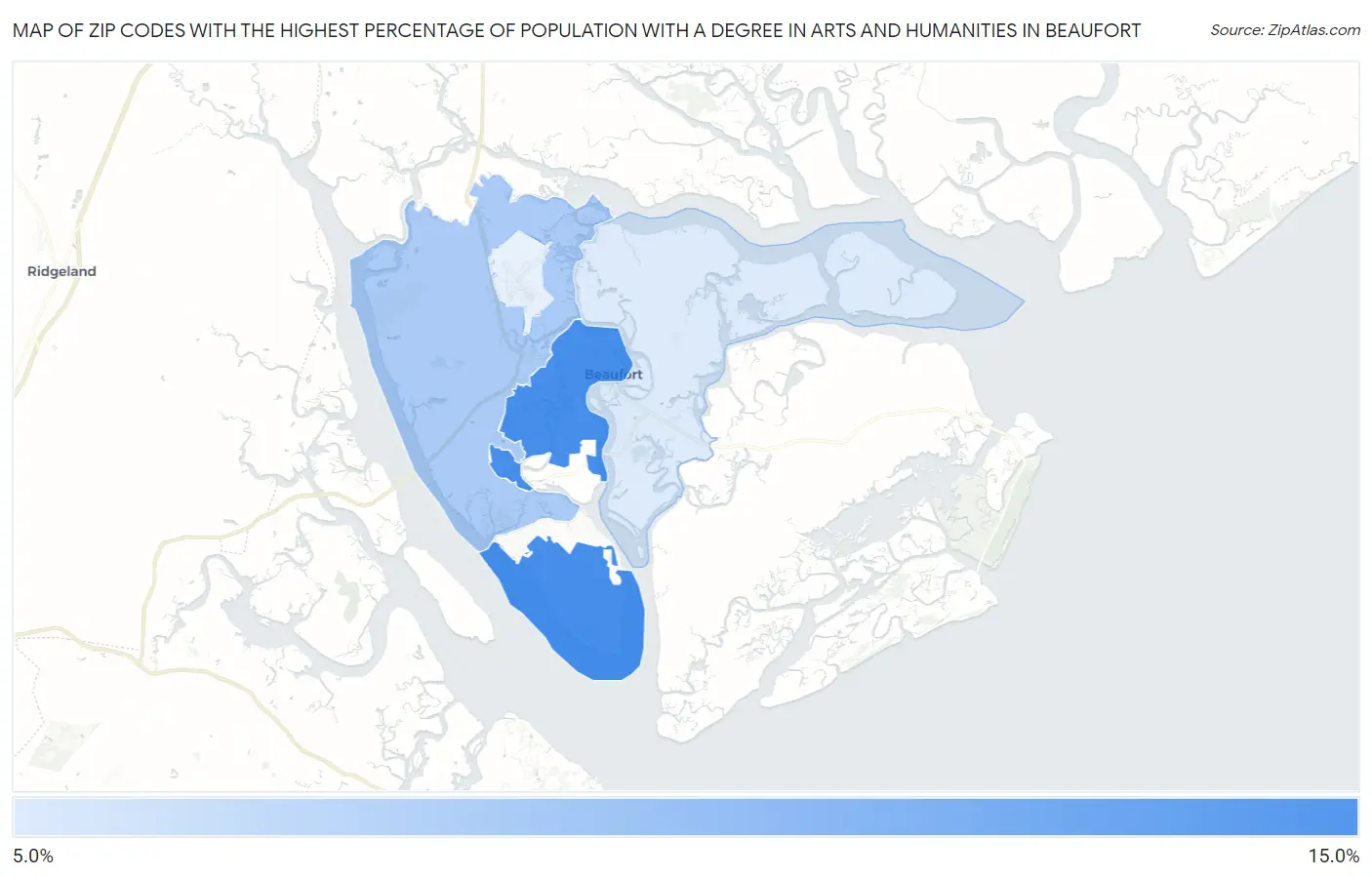 Zip Codes with the Highest Percentage of Population with a Degree in Arts and Humanities in Beaufort Map