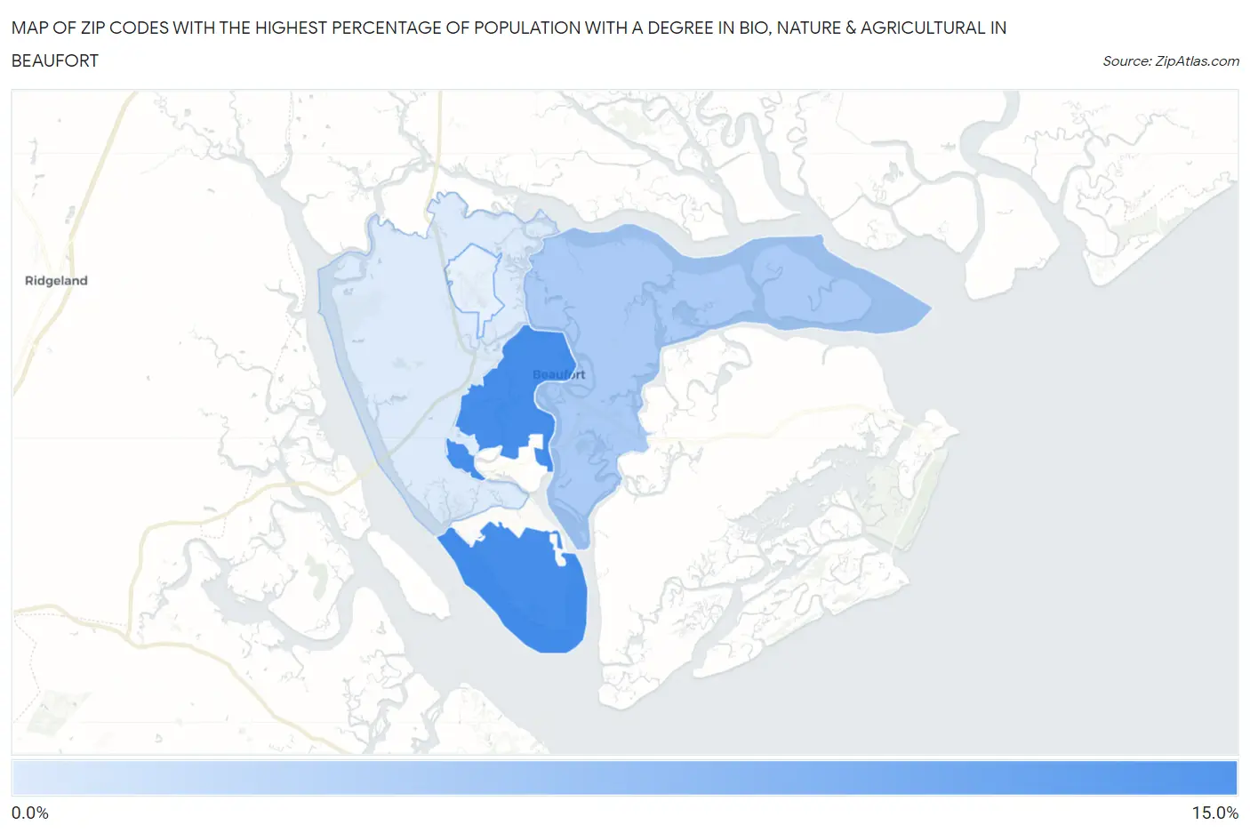 Zip Codes with the Highest Percentage of Population with a Degree in Bio, Nature & Agricultural in Beaufort Map