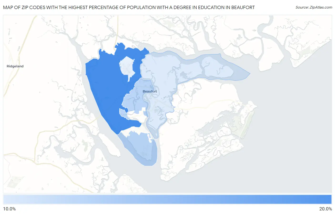 Zip Codes with the Highest Percentage of Population with a Degree in Education in Beaufort Map