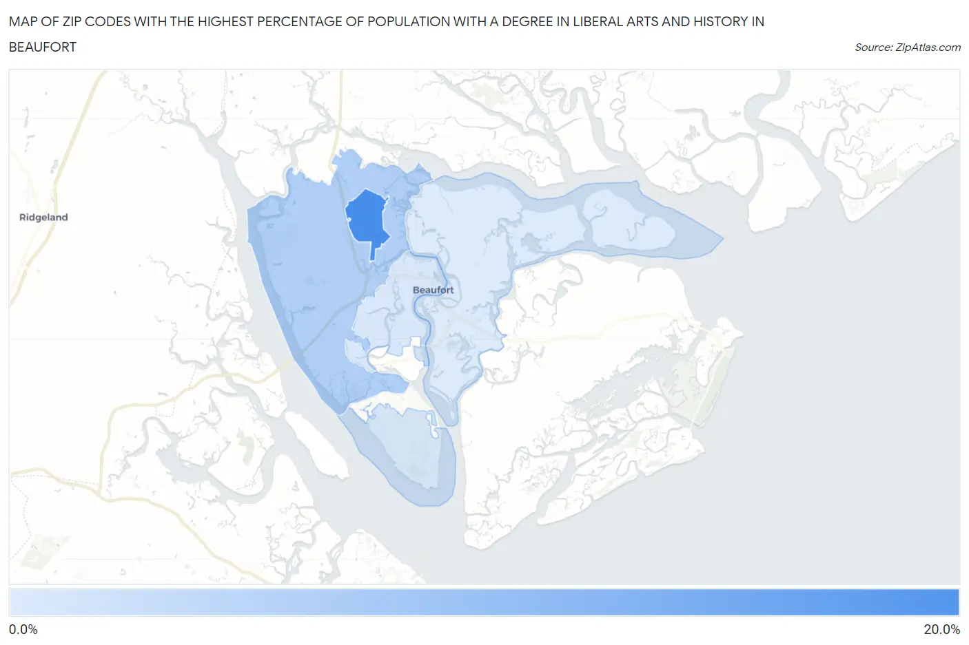 Zip Codes with the Highest Percentage of Population with a Degree in Liberal Arts and History in Beaufort Map
