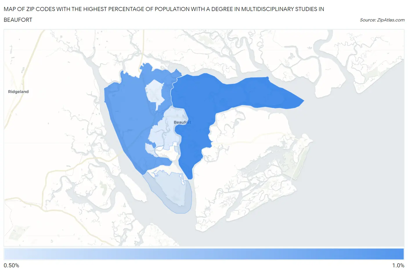 Zip Codes with the Highest Percentage of Population with a Degree in Multidisciplinary Studies in Beaufort Map