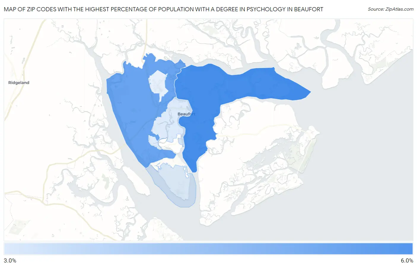 Zip Codes with the Highest Percentage of Population with a Degree in Psychology in Beaufort Map