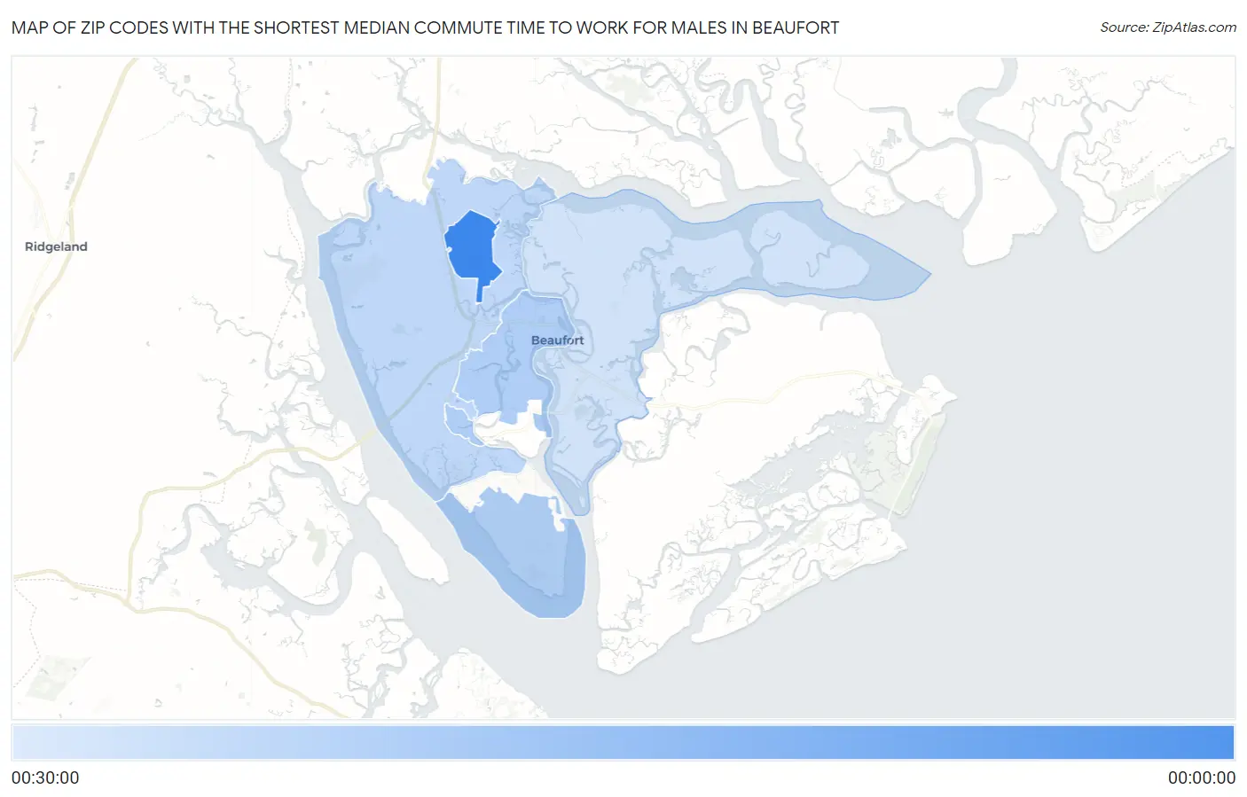 Zip Codes with the Shortest Median Commute Time to Work for Males in Beaufort Map
